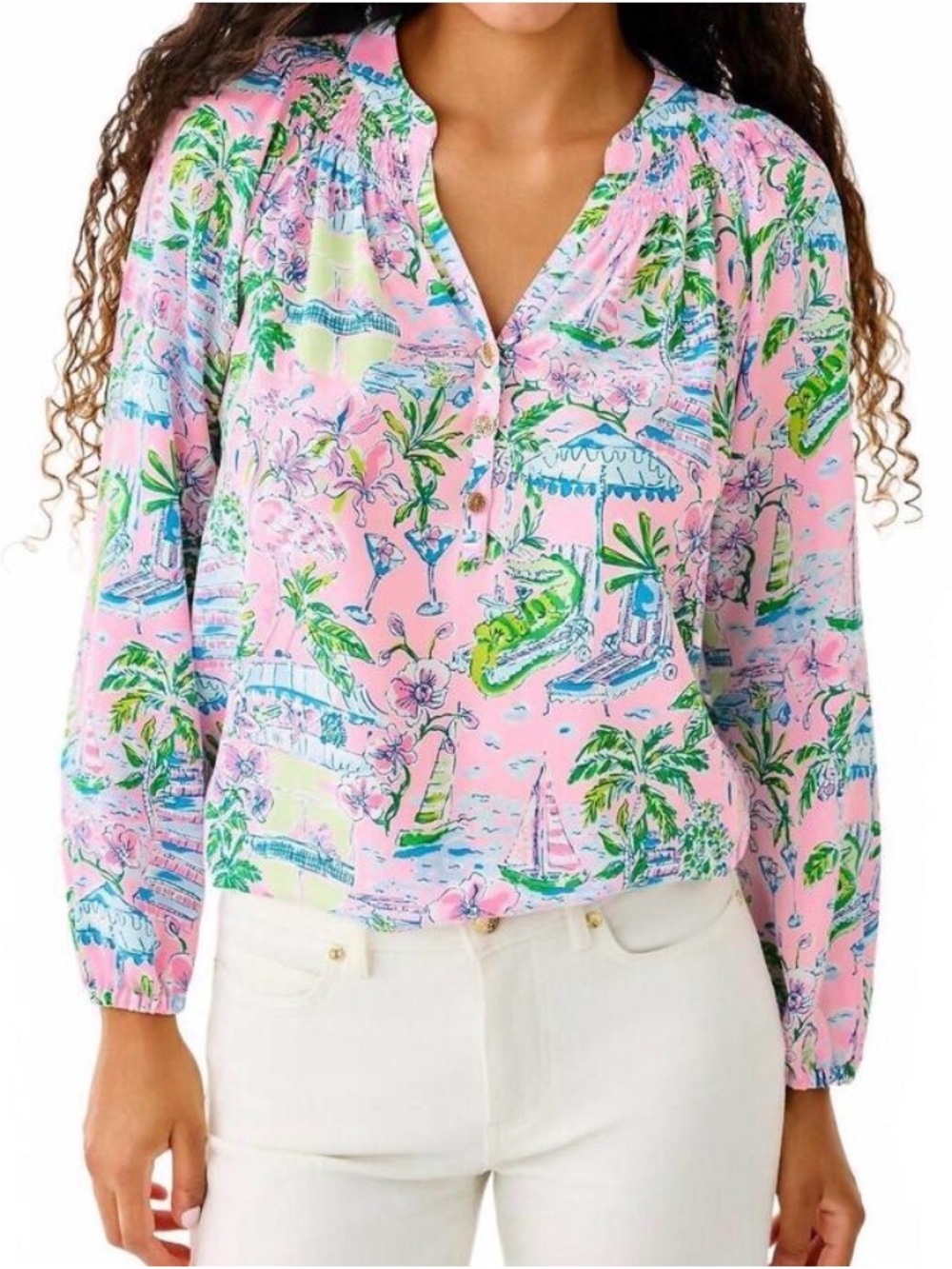 Lilly Pulitzer Pink Tropical Print Peasant Blouse